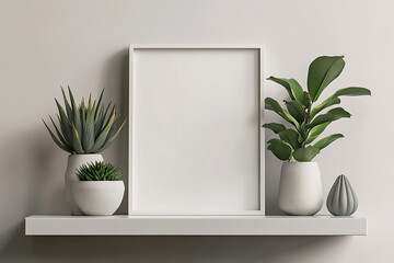 Wall Mural - White wall with black frame mockup, plants on the side, lamp hanging from the ceiling, minimalist style, white floor, modern design studio, soft light, boho vibes, clean background