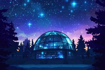 Canvas Print - Nighttime Observatory Surrounded By Trees Under Starry Sky