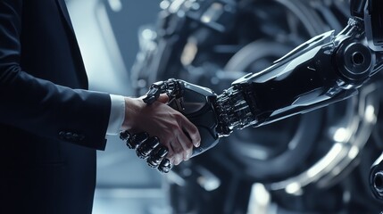 Poster - A human and a robotic arm shake hands, symbolizing collaboration between humans and advanced technology in a futuristic setting.