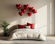 © Mereke - Japanese interior design of a modern bedroom filled with red heart shaped balloons. Declaration of love. Banner. Celebrating Valentine's Day