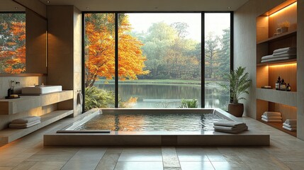 Wall Mural - Luxurious bathroom, autumnal view, indoor hot tub.