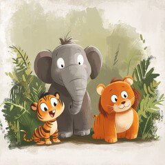 Wall Mural - Adorable Baby Animals Jungle Friends Elephant Tiger Lion