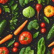 © anwel - Colorful vector pattern of various vegetables on a dark background including carrots and tomatoes