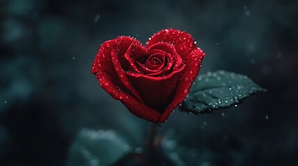 Canvas Print - Heart-shaped red rose with raindrops.