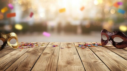 Colorful masks and confetti on a festive wooden table. Generative AI