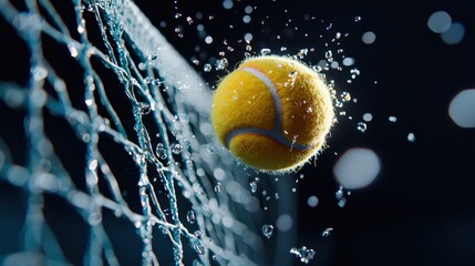 A close-up of a tennis ball hitting the net