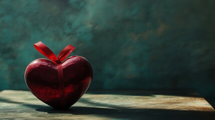 Canvas Print - Red heart with ribbon on wooden surface against teal background.