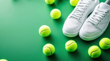 A pair of tennis shoes on a court with scattered tennis balls