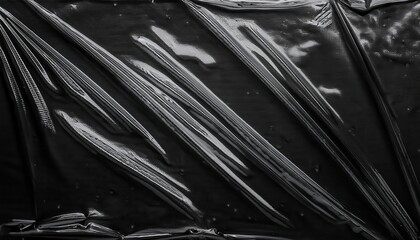 Poster - Close-Up of Glossy Black Wrinkled Plastic Texture with Subtle Reflection Patterns and Creases. Versatile Background for Minimalist Design, Industrial Themes, or Modern Branding Concepts