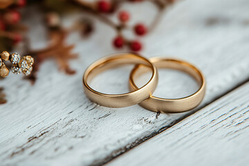 Two smooth gold wedding rings on an aged white wooden surface.