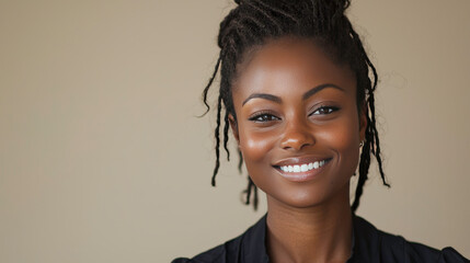 Wall Mural - Smiling woman with natural hair wearing black top against neutral background, exuding confidence and positivity in professional setting