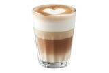 A creamy, layered latte with a heart-shaped foam design served in a clear glass.