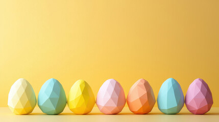 Wall Mural - Custom decorated easter egg concept. Colorful geometric polygonal Easter eggs arranged in row on yellow background