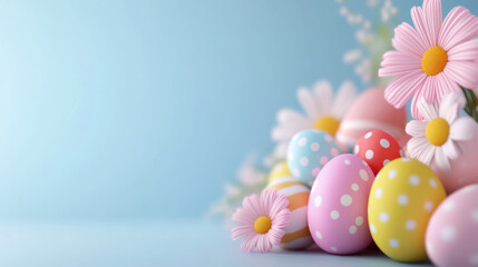 Wall Mural - Custom decorated easter egg concept. Colorful Easter eggs and daisies on pastel blue background, evoking springtime joy