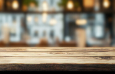 Poster - A wooden counter in front of a softly blurred cafe background that's perfect for product photography.