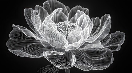 Sticker - Elegant White Line Art Peony Flower on Black Background