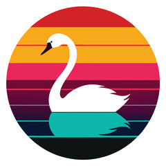 Poster - Elegant White Swan in Retro Sunset Circle Design