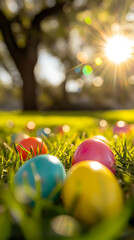 closeup on easter eggs in grass with blurred green bokeh background