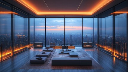 Wall Mural - Modern penthouse, city view, warm lighting, sleek furniture.