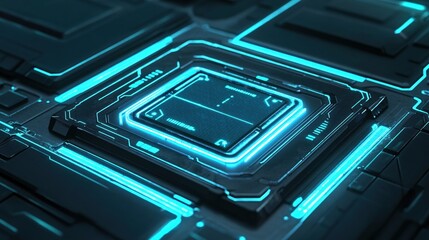 Poster - Futuristic Circuit Board with Glowing Blue Lines and Integrated Microchip Design
