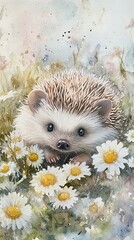 Wall Mural - Watercolor Painting of a Hedgehog Among Daisies