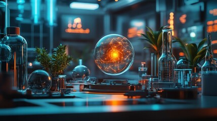 Fototapete - A futuristic laboratory scene with glowing elements and scientific equipment.