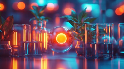 Poster - A futuristic scene with glowing orbs and plants in glass containers, creating a vibrant atmosphere.