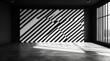 Wall Mural - Modern room, black and white stripes, large window.