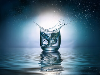 Poster - A glass of water with ice cubes creates a dramatic splash, reflected on a dark, watery surface.  The scene is illuminated by a soft, bright light source.