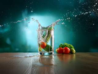 Poster - A refreshing image of crisp cucumbers and juicy tomatoes splashing into a glass of water on a wooden surface against a teal background.  Water droplets are suspended in the air.