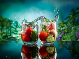 Poster - Refreshing image of two glasses filled with water and fresh vegetables, showcasing a vibrant splash.  The backdrop features a lush, blurred garden.