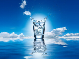 Poster - A glass of water creates a splash against a vibrant blue sky and ocean backdrop.  The scene evokes feelings of refreshment and purity.