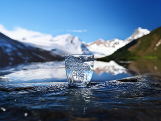 Aufkleber - Sparkling water in a glass sits on a rock by a pristine mountain lake, reflecting the snow-capped peaks and clear blue sky.  A refreshing scene of nature's purity.