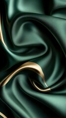 Poster - A close-up of luxurious green satin fabric with elegant golden accents, showcasing texture and flow.