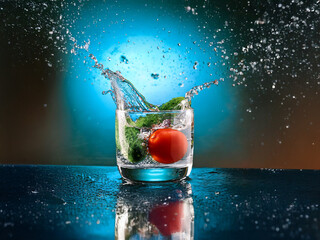 Poster - A vibrant image showcases a glass of water with a tomato and cucumber, dramatically splashed.  The background features a striking blue and brown gradient.