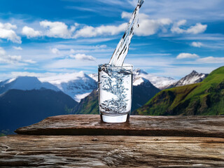 Poster - Refreshing water pours into a glass on a rustic wooden surface, overlooking a breathtaking mountain vista under a vibrant blue sky.  The scene evokes purity and natural beauty.