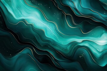 Poster - A fluid, abstract design featuring teal and black waves with golden accents.