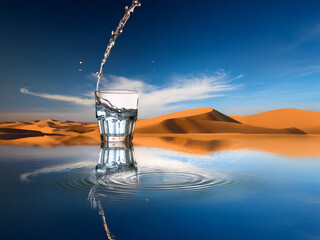 Poster - A glass of water splashes, its reflection mirrored in a still desert oasis.  The vibrant blue sky contrasts with the golden sand dunes, creating a striking visual of thirst and refreshment.