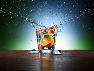Poster - Refreshing fruit infused water splashing into a glass on a wooden table.  A vibrant, healthy drink.