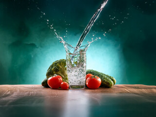 Poster - Water pours into a glass, creating a splash next to fresh vegetables on a wooden surface against a teal backdrop.  Healthy hydration and fresh produce.