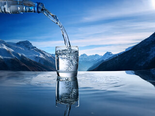 Aufkleber - Crystal clear water pours from a bottle into a glass, reflecting the majestic snow-capped mountains in the background. A serene landscape of tranquility and purity.