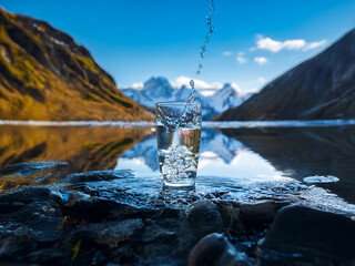Aufkleber - Crystal clear water pours into a glass filled with ice, set on rocks by a serene mountain lake reflecting a stunning landscape.  The scene evokes purity and refreshment.