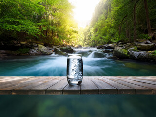Poster - A glass of fresh water sits on a wooden surface overlooking a pristine river flowing through a lush green forest.  Sunlight streams through the trees.