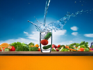 Poster - Refreshing water splashes into a glass filled with cucumber and tomato slices, set against a vibrant backdrop of fresh vegetables and a sunny sky.  A healthy and hydrating summer scene.