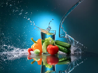 Poster - Refreshing splash of water surrounding a glass filled with fresh vegetables.  Vibrant colors and dynamic movement capture the essence of healthy hydration.