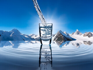 Aufkleber - Pure water pours into a glass, reflecting pristine snow-capped mountains and a clear blue sky.  The scene evokes purity, refreshment, and the beauty of nature.