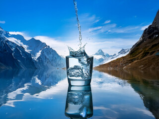 Aufkleber - Crystal-clear water pours into a glass, splashing against a backdrop of serene, snow-capped mountains reflected in a still lake.  The scene evokes purity and tranquility.