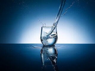 Aufkleber - Clear water pours into a glass, creating a dynamic splash against a dark blue backdrop.  The reflection adds depth and symmetry to the scene.