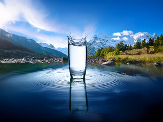 Aufkleber - A glass of pure water splashes, creating ripples on a serene mountain lake.  The majestic snow-capped mountains reflect in the still water.  A picturesque scene emphasizing the purity and refreshment 