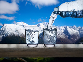 Aufkleber - Pure water pours from a bottle into glasses, set against a stunning backdrop of snow-capped mountains and a vibrant blue sky.  A refreshing scene evoking purity and nature.